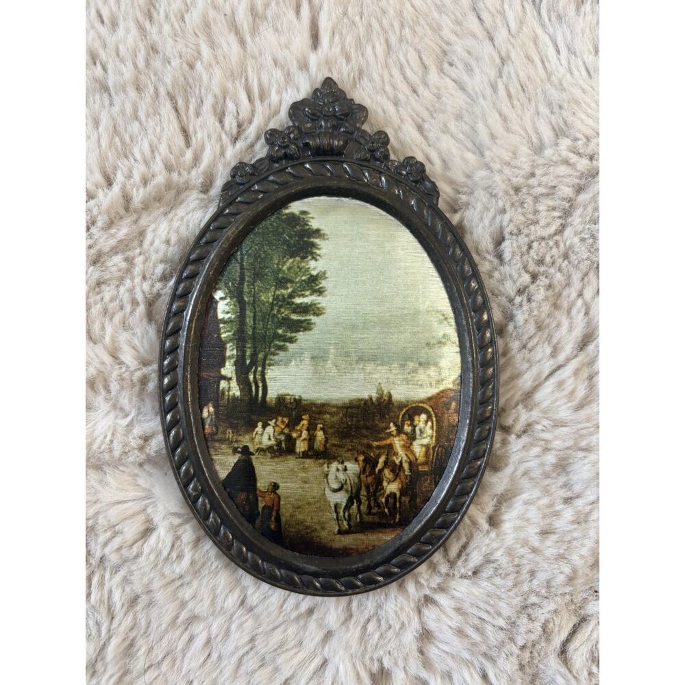 Vintage Italian Village Scene: Oval Framed Print On Silk , Ornate Bronze Frame